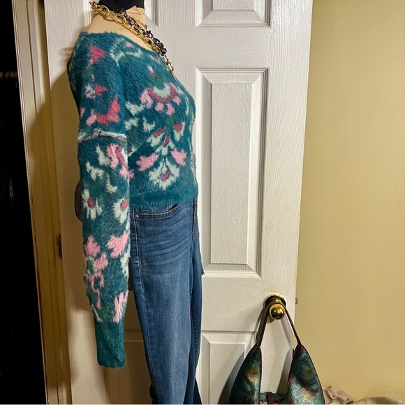 New Wms Anthropologie Daily Practice Boho Floral Furry Cutout Tie Sweater S - Picture 5 of 14